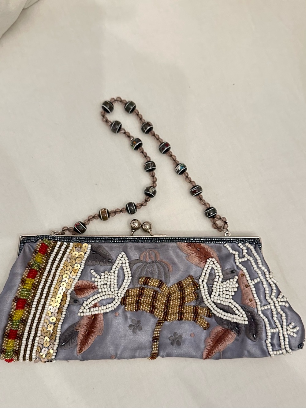 Vintage Beaded Embellished Satin Evening Clutch - Grey